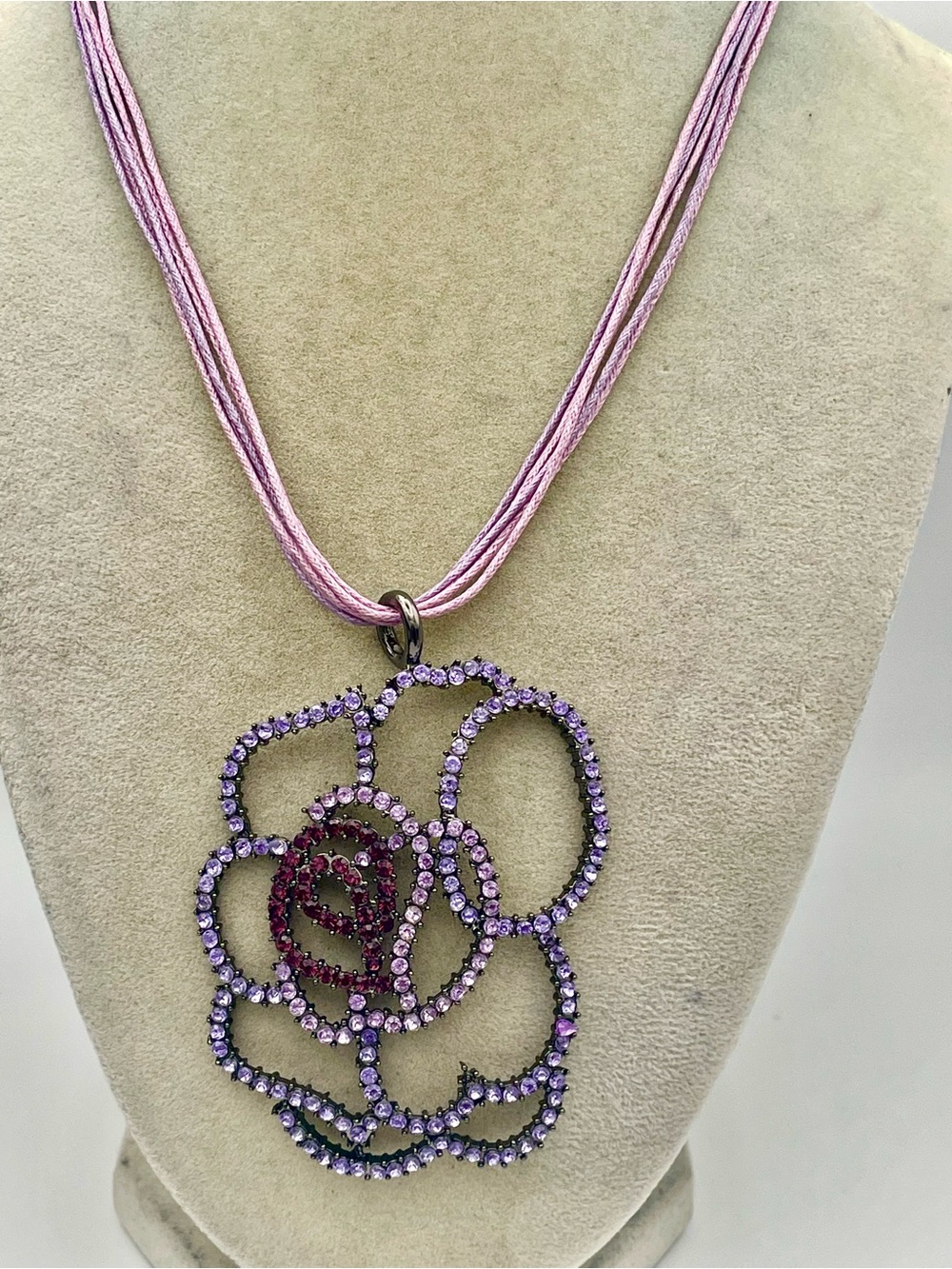 Purple Crystal Rose Flower Pendant on a Multi Cord Necklace. 15 in, 4 inch exten